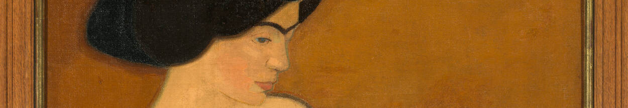Detail van schilderij door Otto van Rees, "Portret van Adya van Rees-Dutilh, echtgenote van de schilder" met daarop een vrouw van opzij gezien, met haar handen op elkaar op haar dijbeen