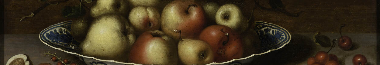 schilderij Stilleven met vruchten op bord J. Bouwman uit de 17e eeuw