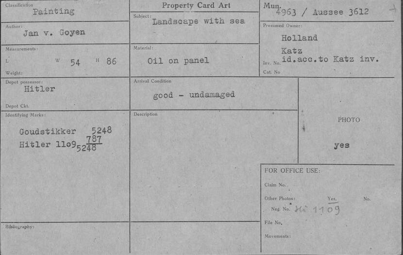 Copy of a form with provenance details of a painting