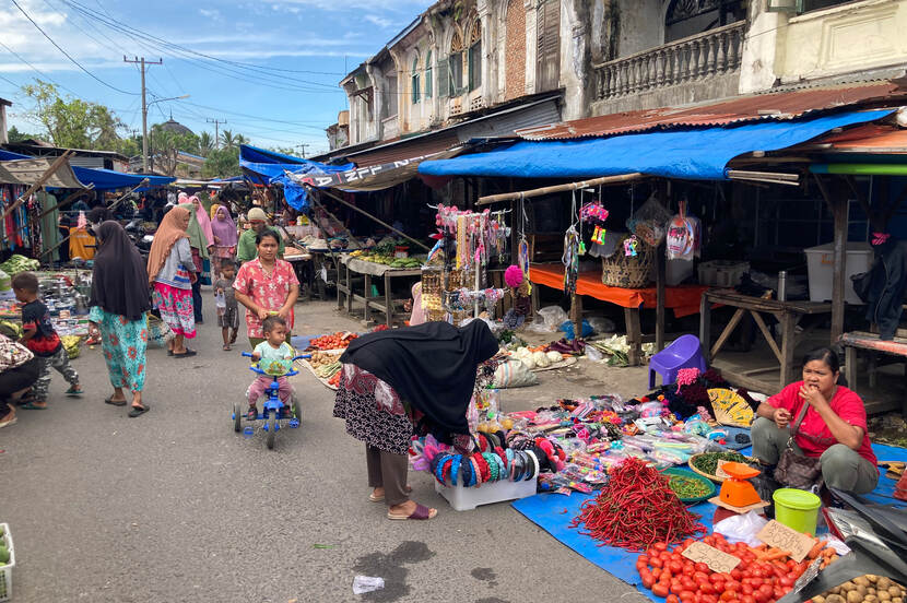 A market in Labuhan Deli where several things are being sold like food and clothes.