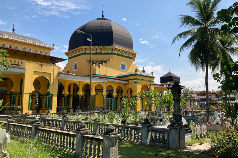 A yellow mosque with palmtrees and plants around it.