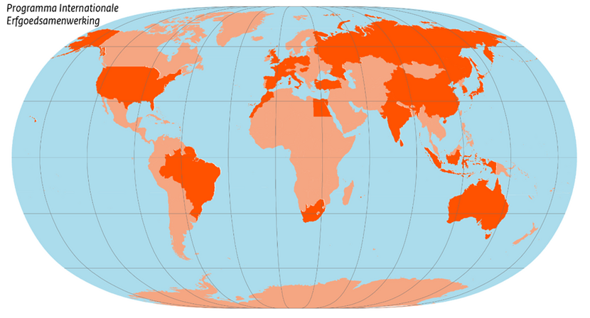 Worldmap on which the partner countries of the International Cultural Policy 2021-2024 are highlighted