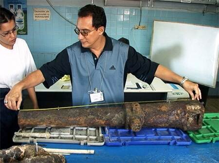 Ovidio Ortega Pereyra measuring a canon