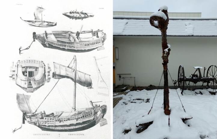 Drawing of japanese vessel and picture of a japanese four-armed anchor